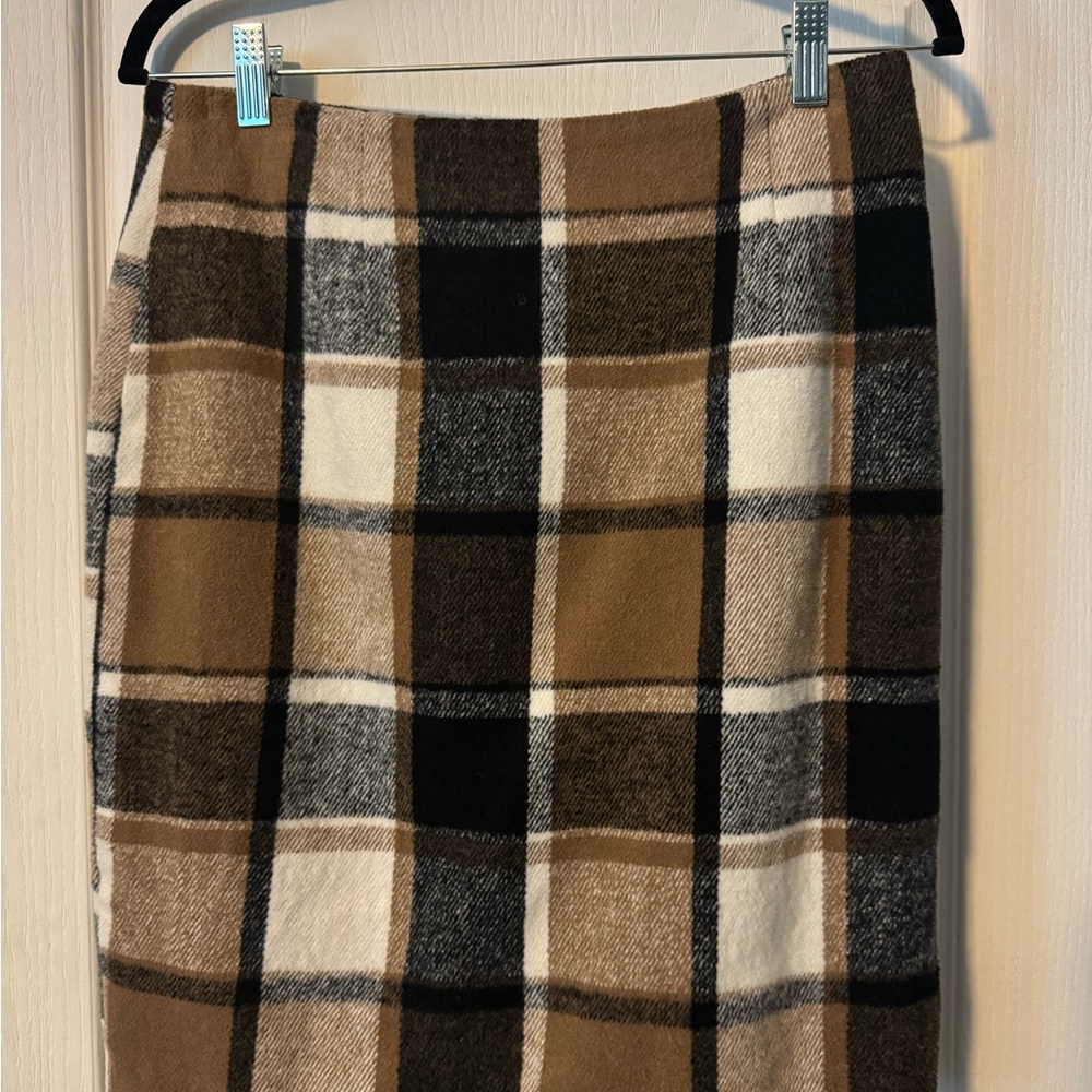 Plaid Wool Blend Skirt - Brown, Black, and Cream